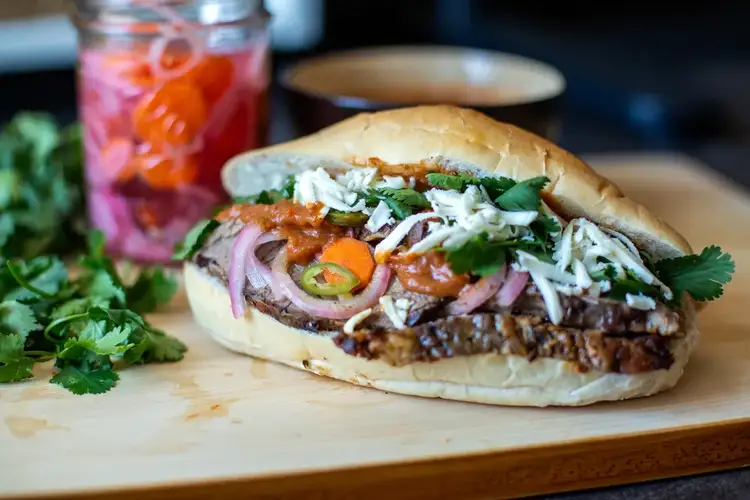 Close up of an overflowing brisket torta sandwich.